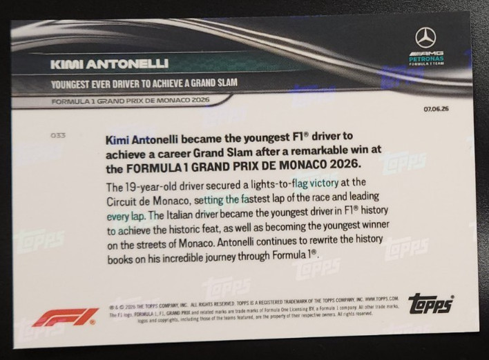 Kimi Antonelli 2026 Topps Now F1 Formula 1 #33 Youngest Ever Achieve Grand Slam
