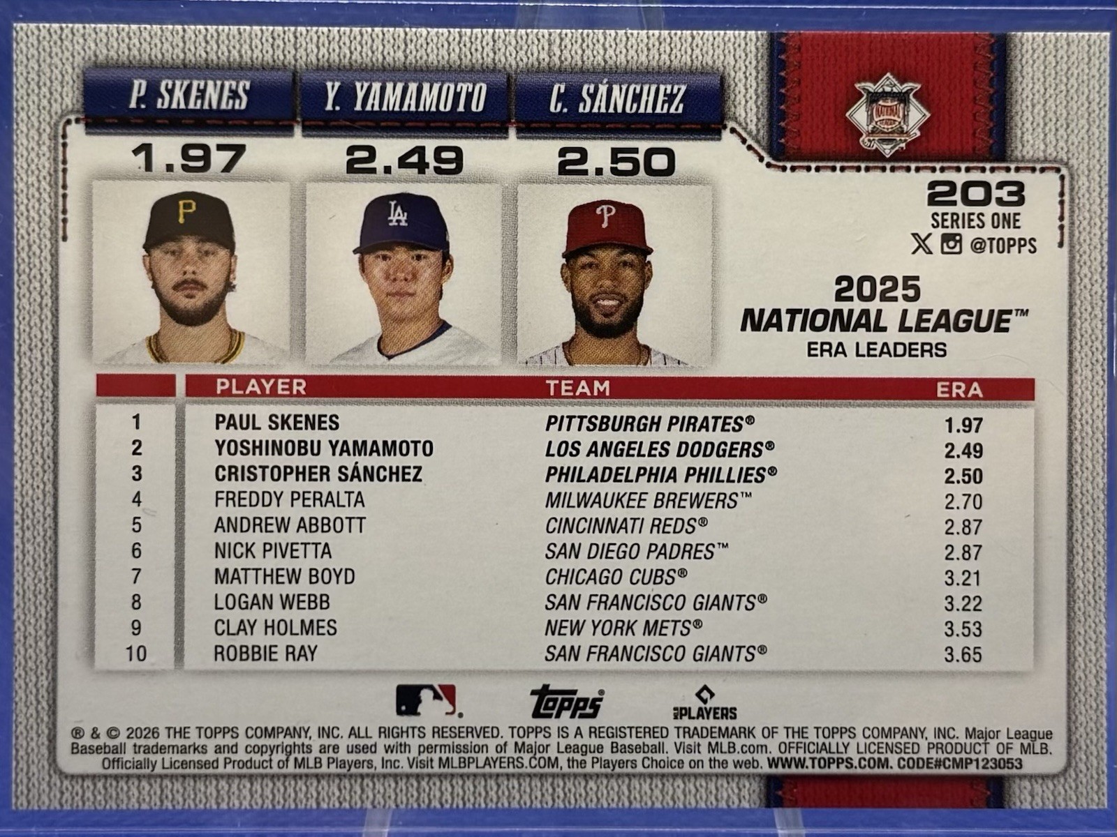 2026 Topps Series 1 Celebration NL ERA Leaders Lime Green Confetti SSP 203 1:215
