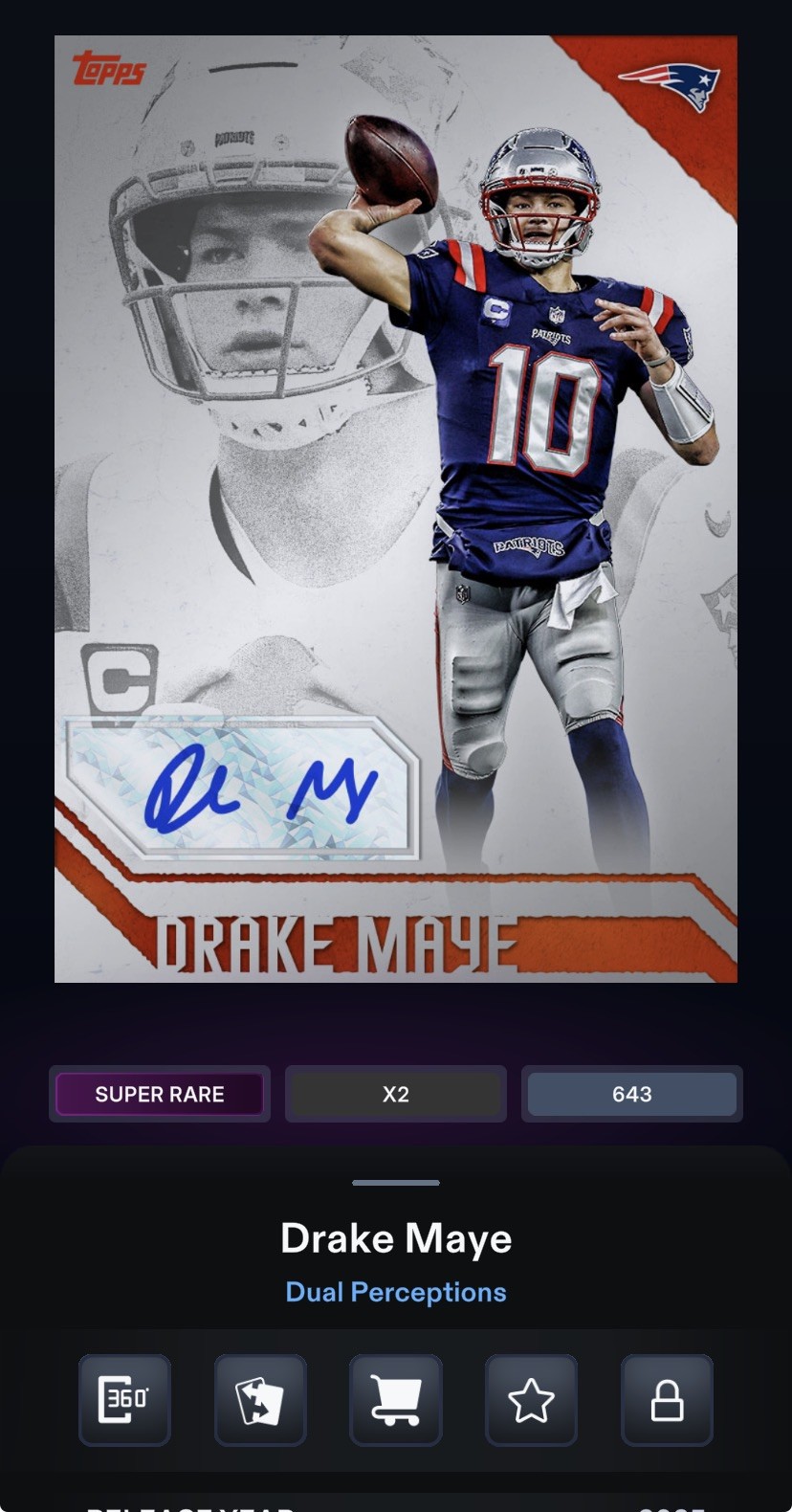 (DIGITAL CARD) Topps NFL Collect Dual Perceptions Drake Maye Signature Orange SR