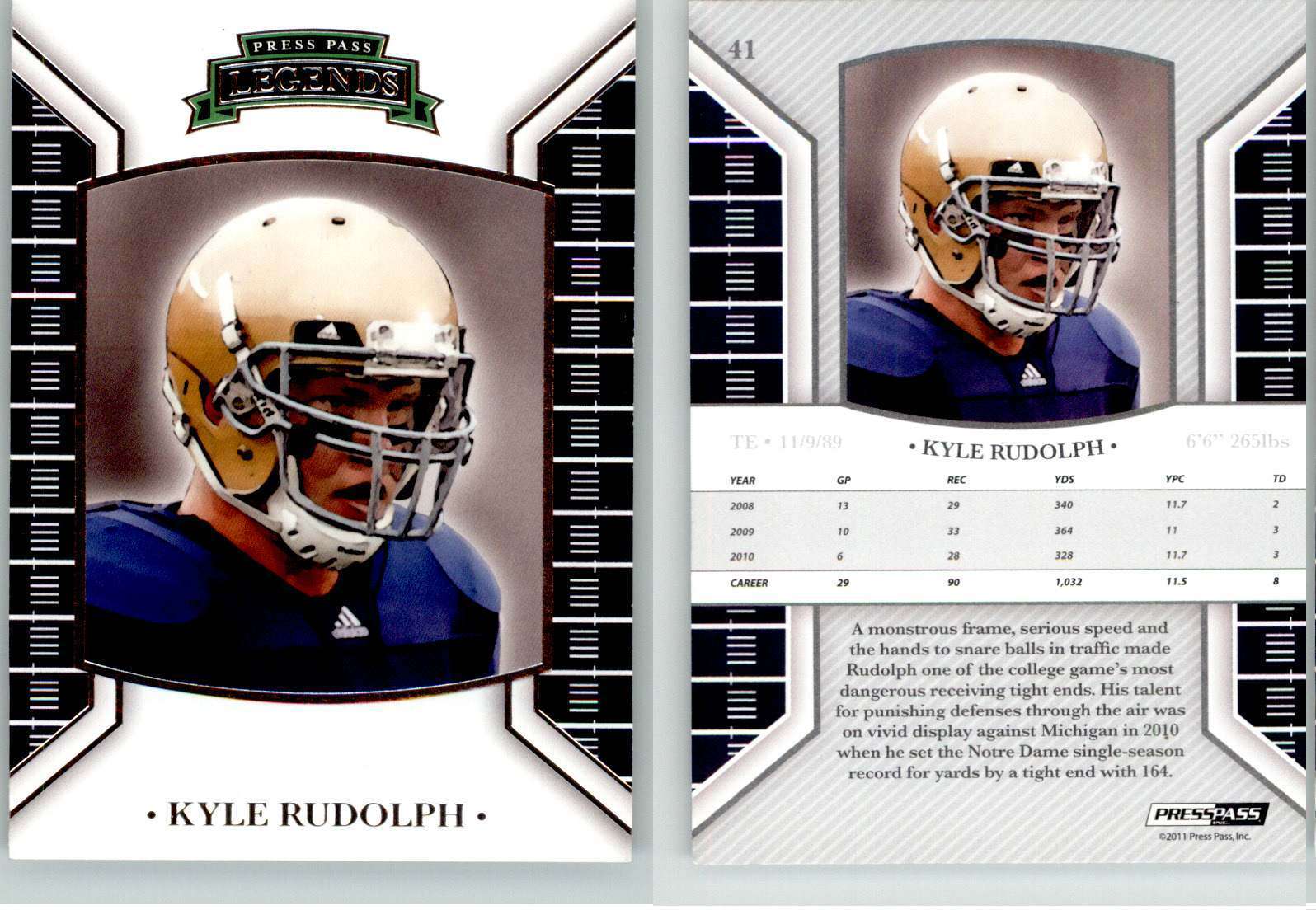 Kyle Rudolph 2011 Press Pass Legends #41 Notre Dame Vikings RC Rookie