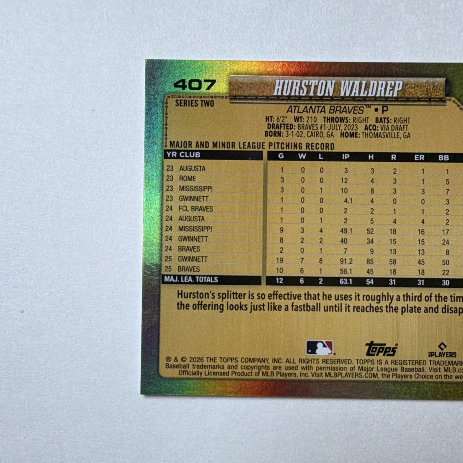 2026 Topps Series 2 Golden Mirror Hurston Waldrep SSP #407 Atlanta Braves