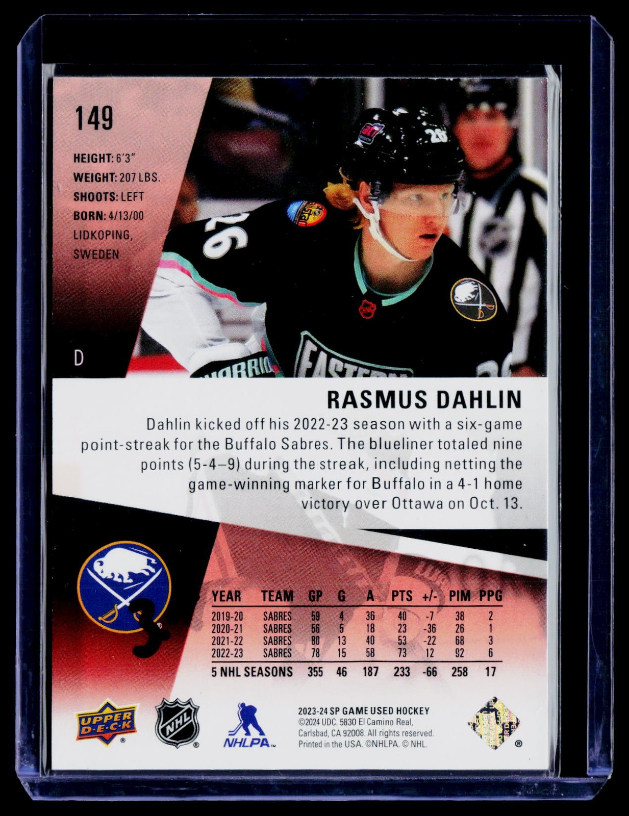 2023-24 Upper Deck SP Game Used – All-Stars Rasmus Dahlin #149 Red /225 – Sabres