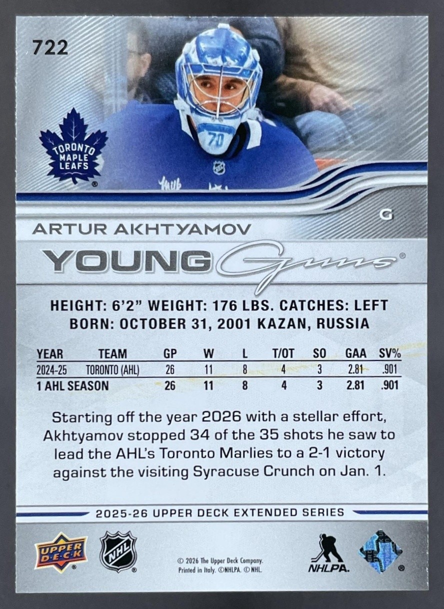 ARTUR AKHTYAMOV Young Guns RC 2025-26 Upper Deck #722 Maple Leafs