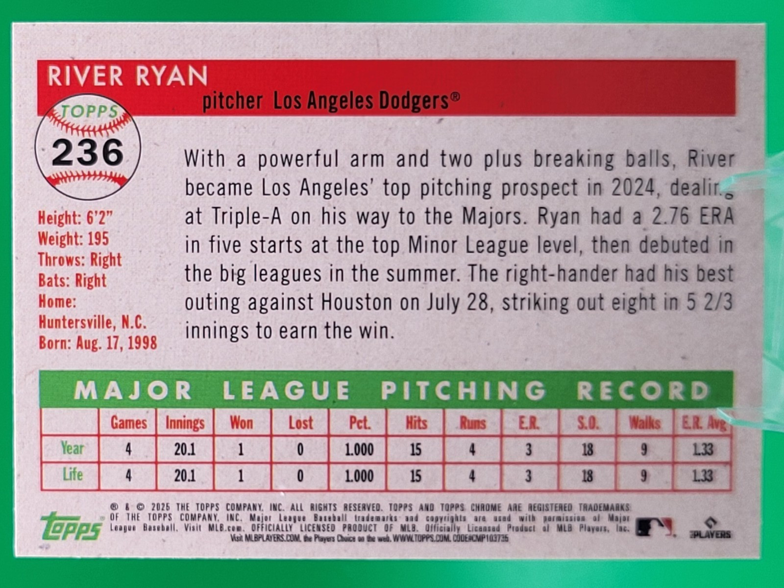 2025 Topps Platinum Chrome River Ryan Topps Refractor RC LA Dodgers /499