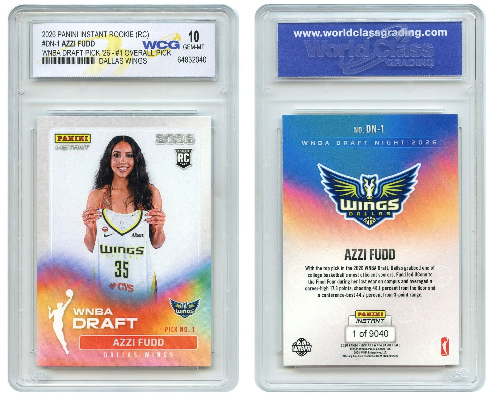 2026 WNBA Panini AZZI FUDD Overall Draft Pick #1 ROOKIE Card #DN-1 – GEM MINT 10
