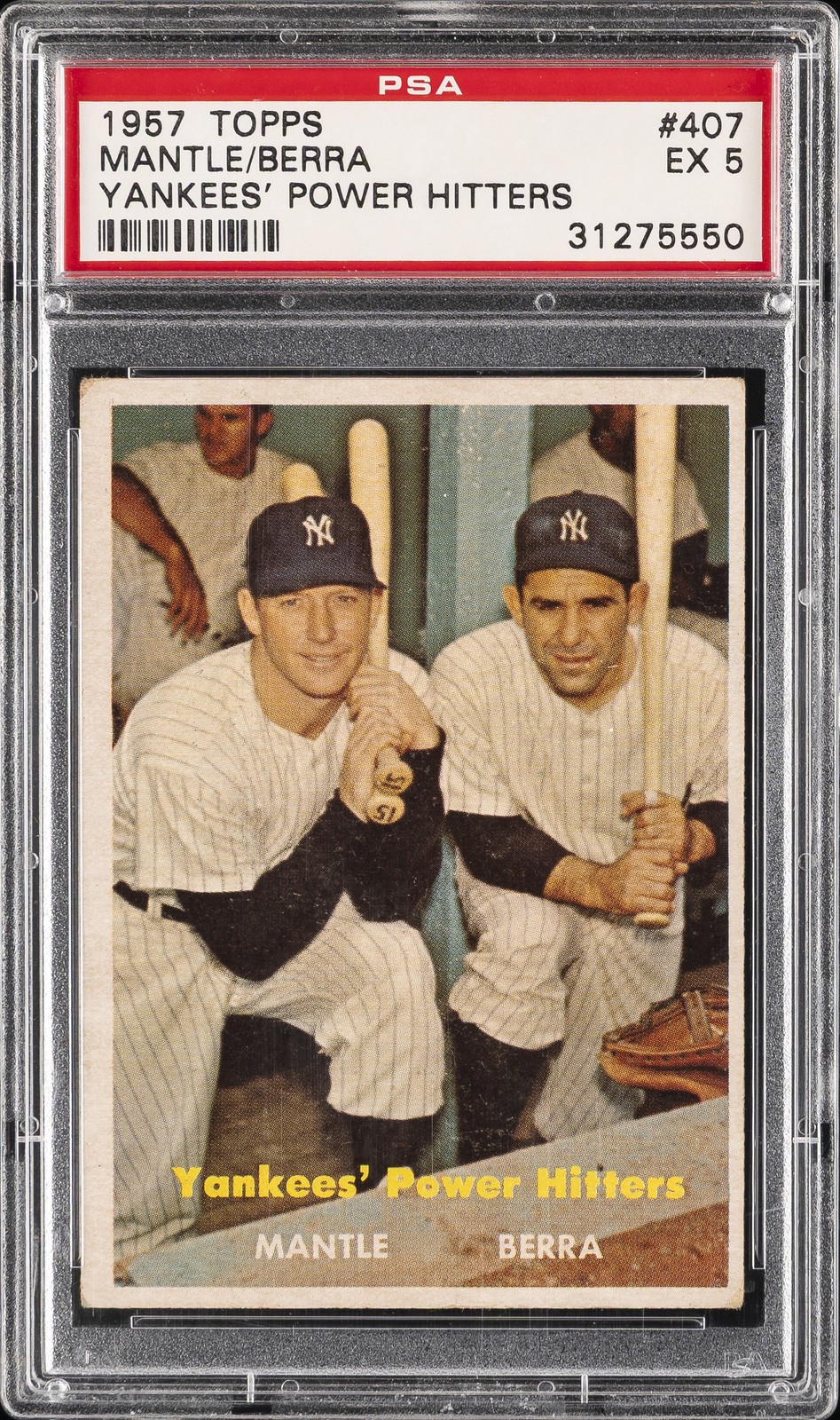 1957 TOPPS YANKEES’ POWER HITTERS #407 MICKEY MANTLE/YOGI BERRA PSA 5