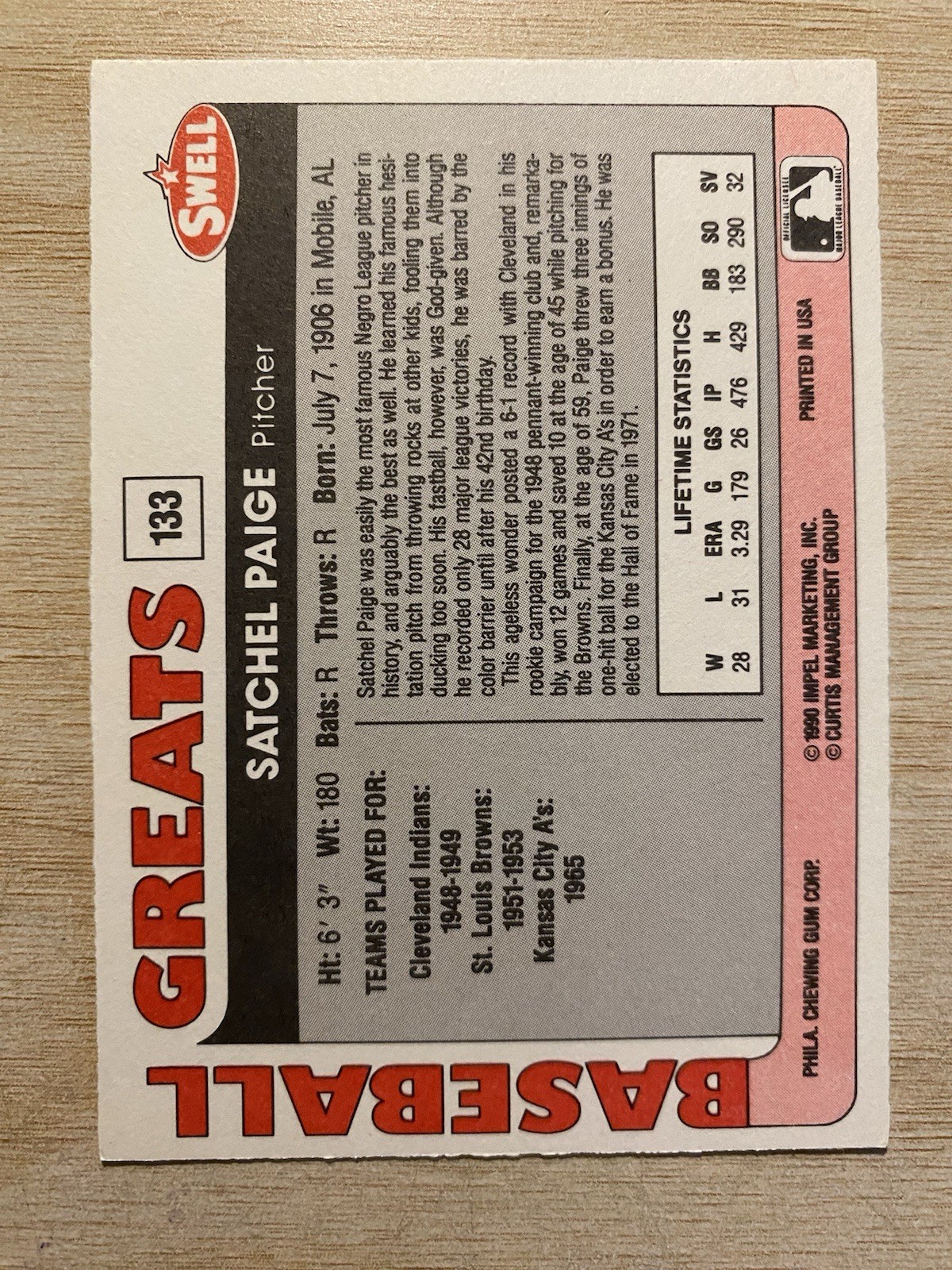 1991 Swell Baseball Greats #133 Satchel Paige