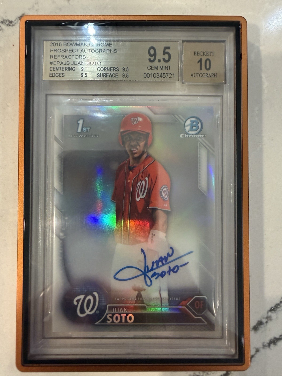2016 Bowman Chrome Juan Soto /499 Refractor Beckett 9.5 Auto 10 Nationals Mets