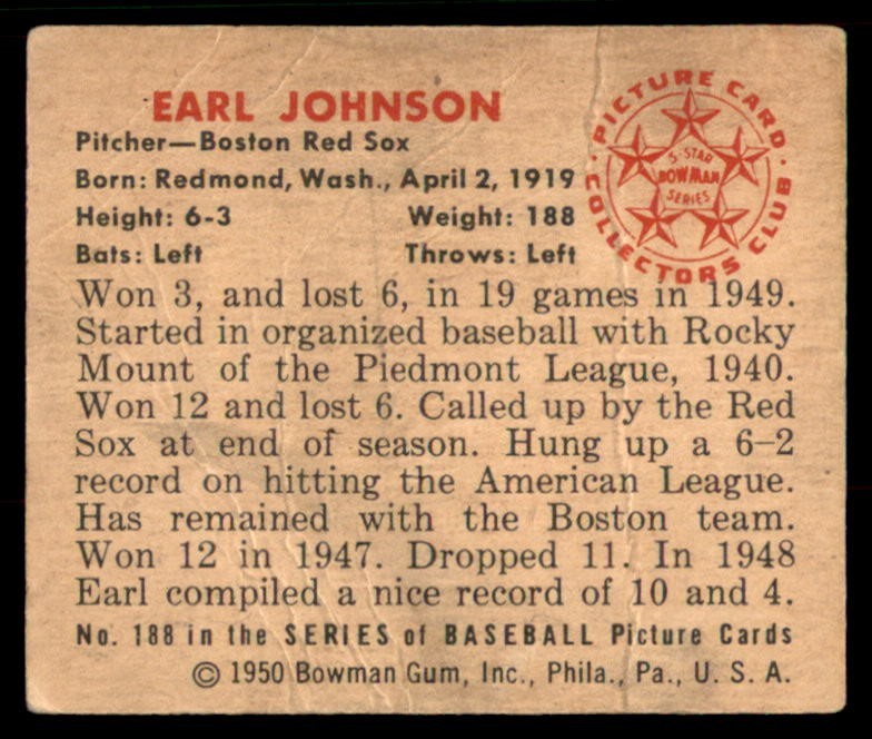 1950 Bowman #188 EARL JOHNSON Boston Red Sox VG-VGEX (Light Wrinkles)