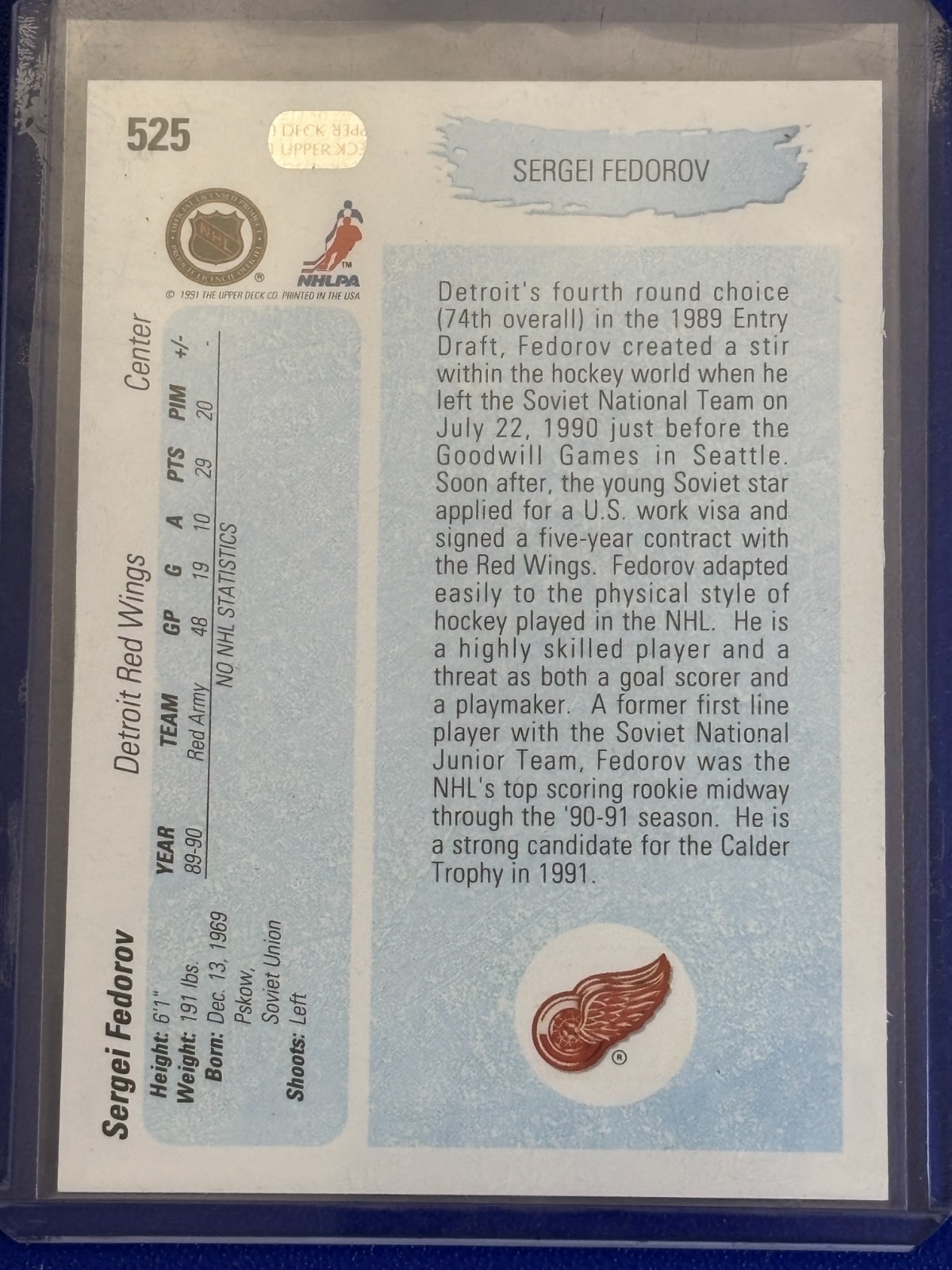 🏒 1990-91 Upper Deck Hockey Base Card Rookie #525 Sergei FEDOROV 🏒