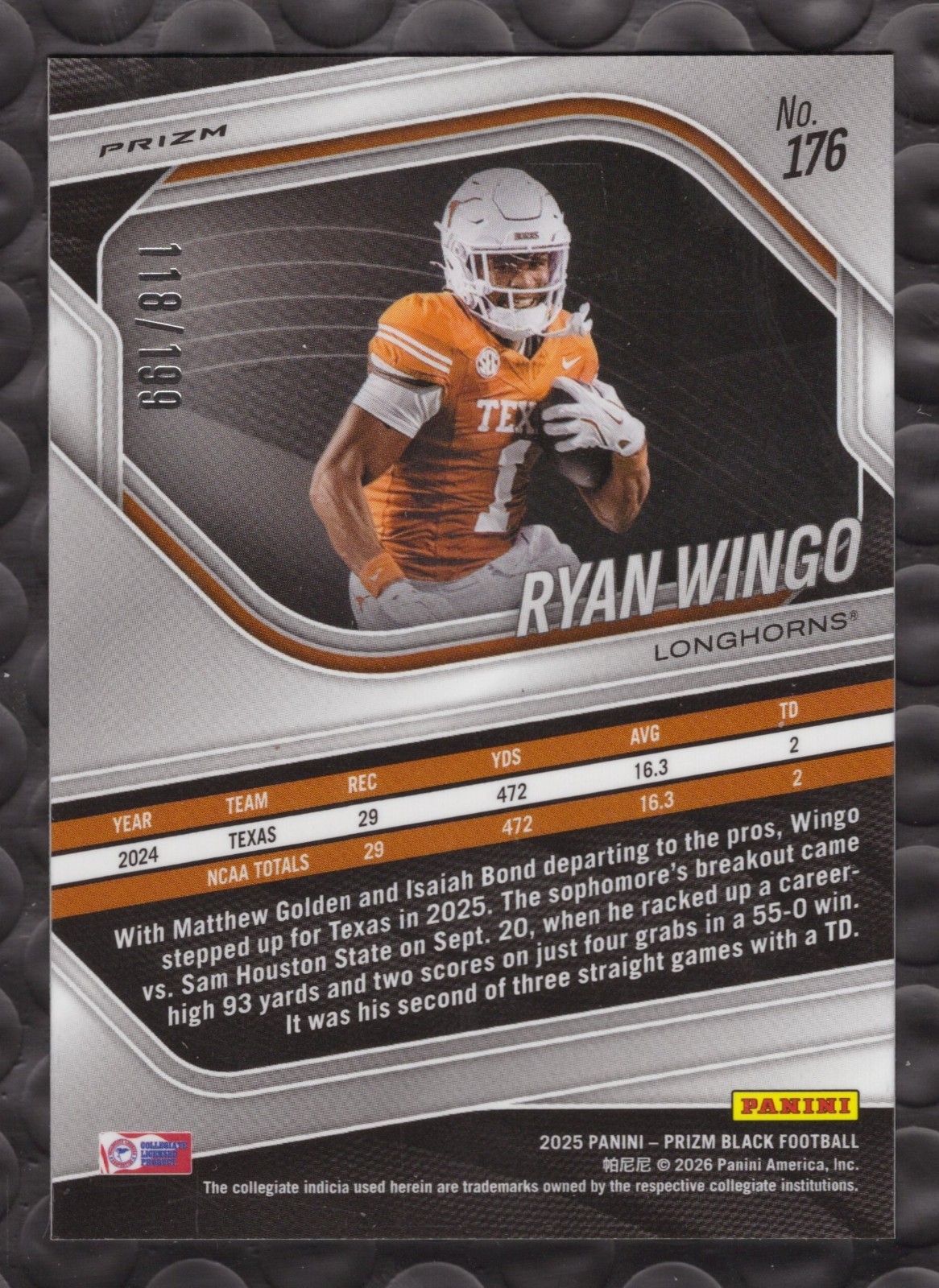 2025 Panini Prizm Black Ryan Wingo Blue Prizm /199 Texas #176 NIL