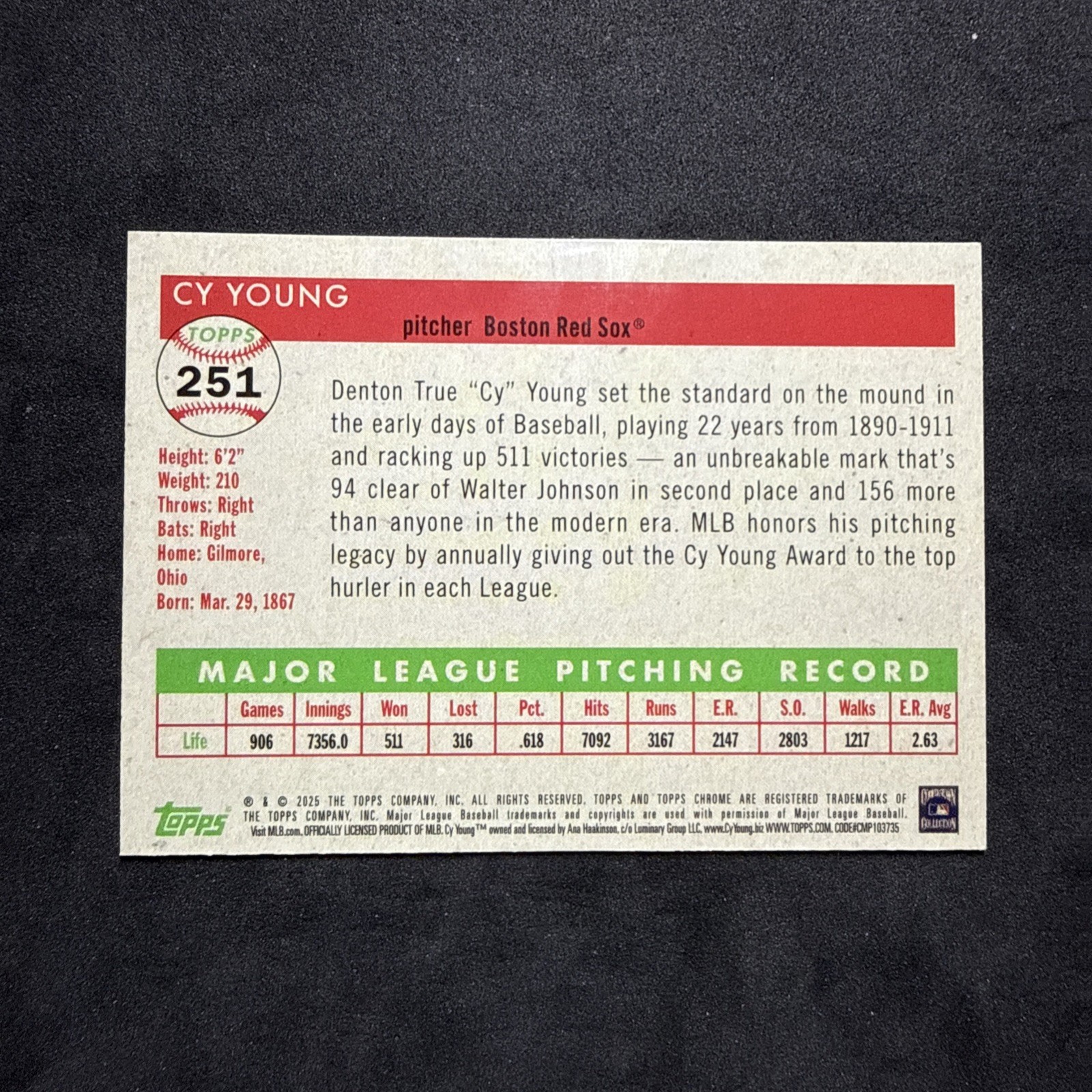Cy Young 2025 Topps Chrome Platinum #251 – Prism Refractor – Red Sox HOF