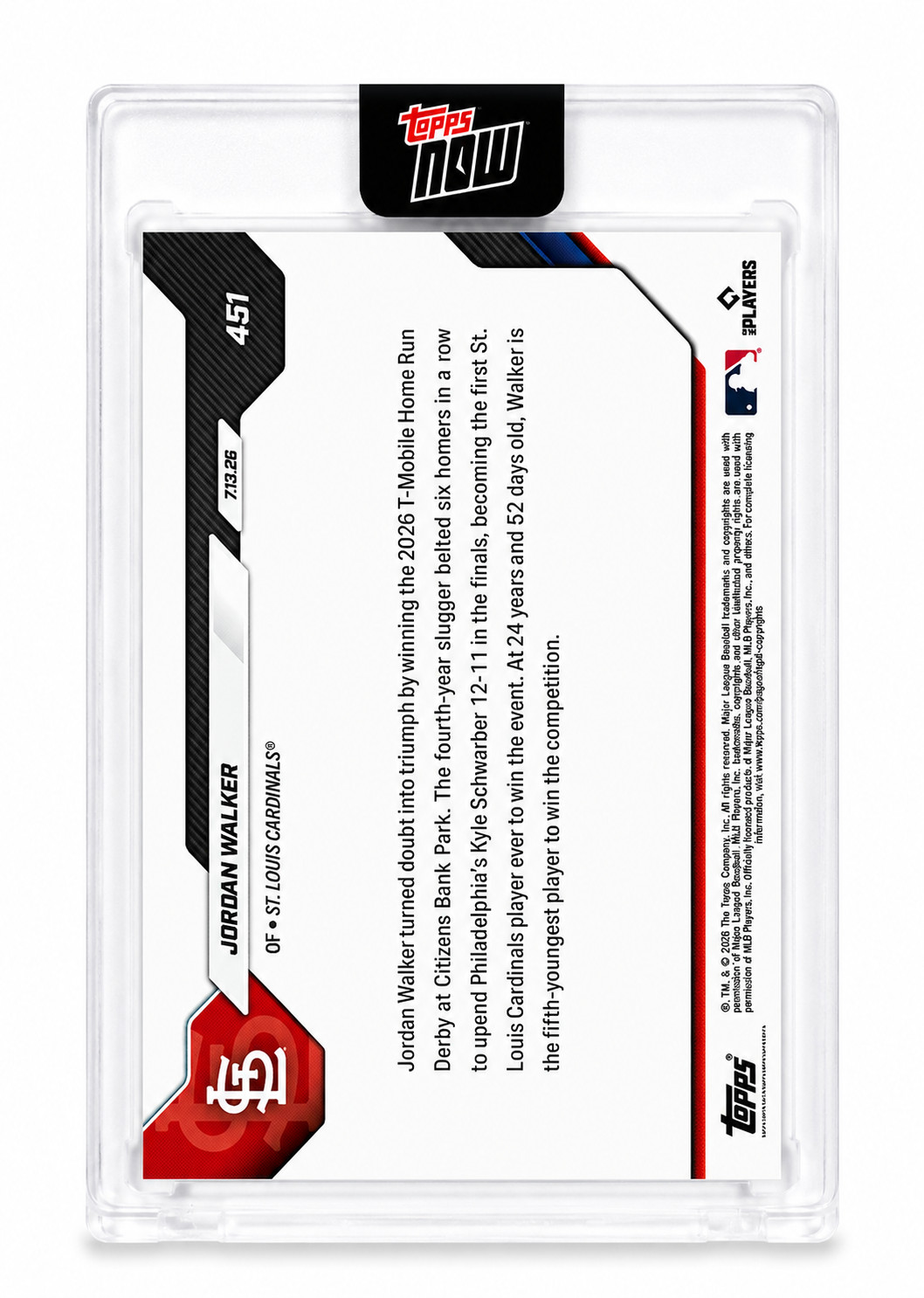 Jordan Walker 2026 MLB Topps Now 451 – HOME RUN DERBY CHAMP! Encased – PRE-SALE
