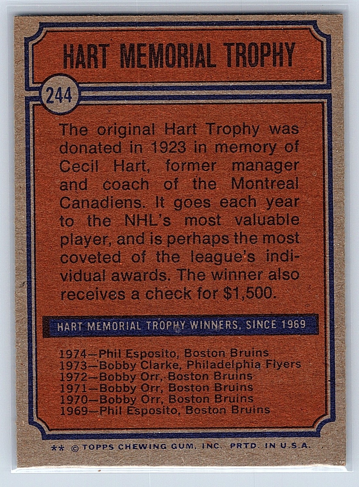 1974-75 Topps #244 Hart Memorial Trophy