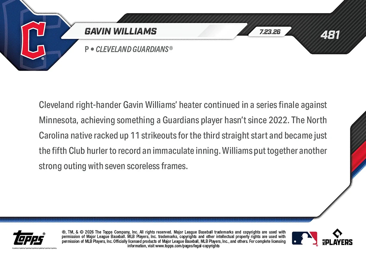 Gavin Williams 11 Ks Immaculate Inning – 2026 MLB Topps NOW – Card 481 Presale