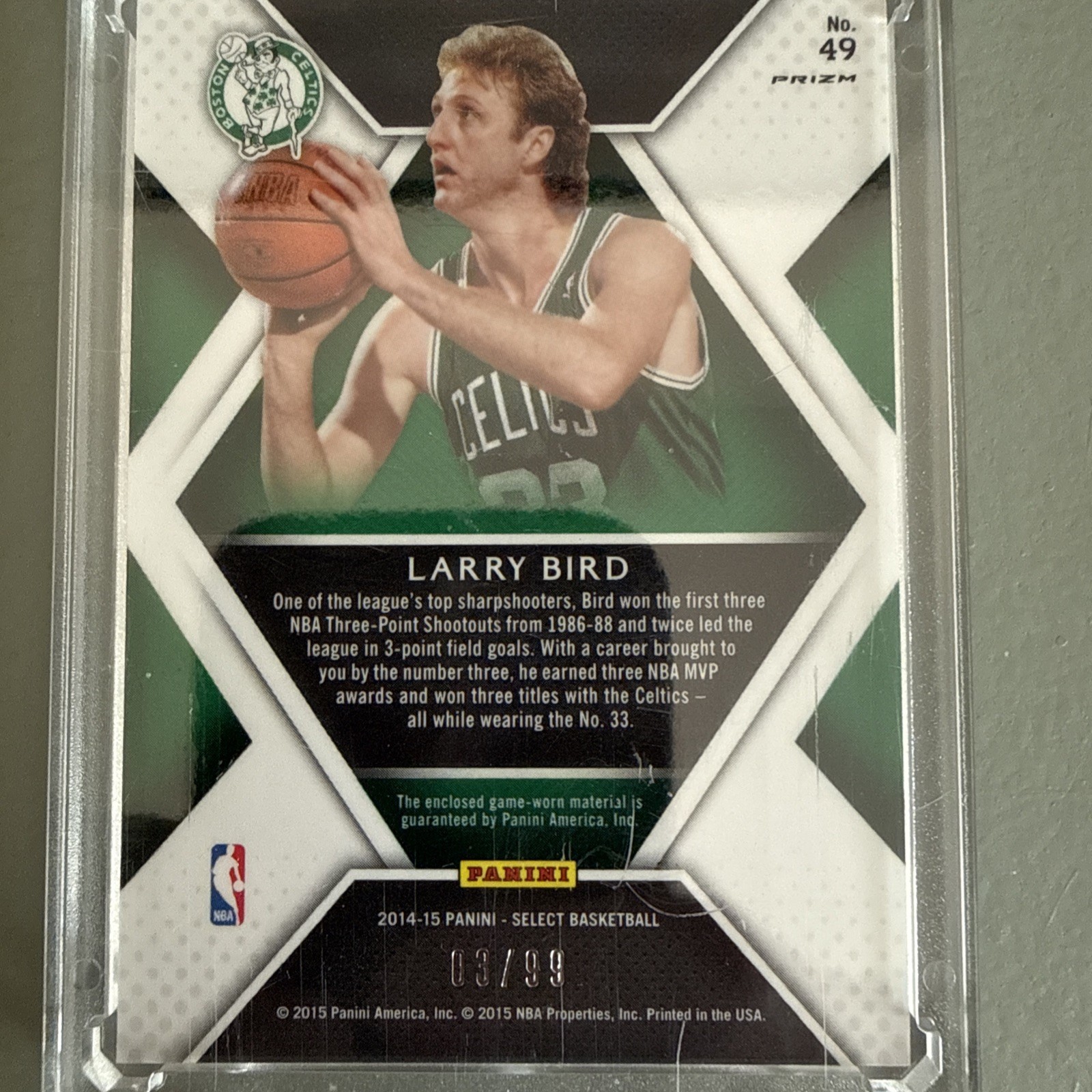 2014-15 Panini Select – Swatches Larry Bird #49 Purple Prizm /99 (MEM)