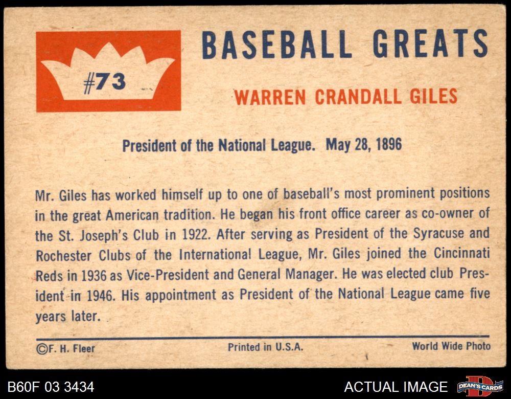 1960 Fleer #73 Warren Giles none HOF 4 – VG/EX