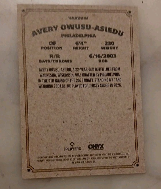 Onyx 2025 Vintage Extended Avery Owusu-Asiedu Autographs Auto #VAAVOW Phillies