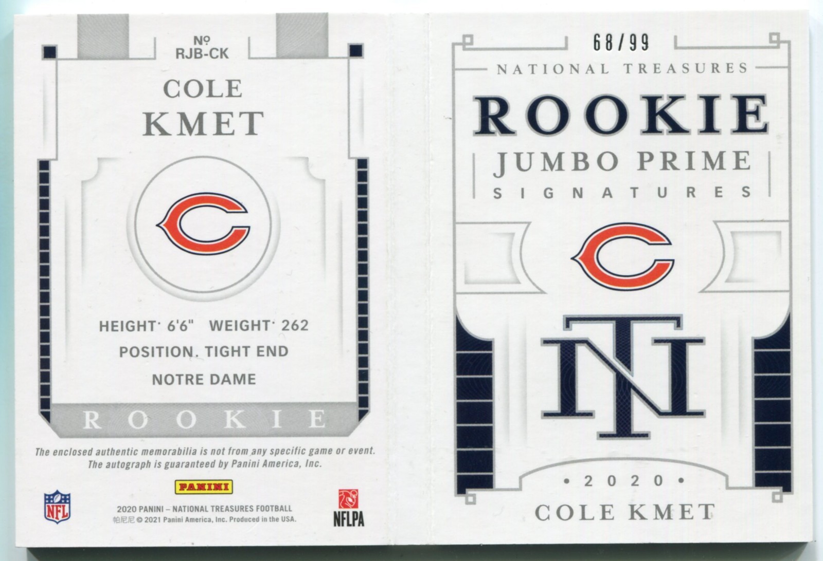 2020 National Treasures Cole Kmet RC Jumbo Prime Patch Auto Booklet RPA # 68/99