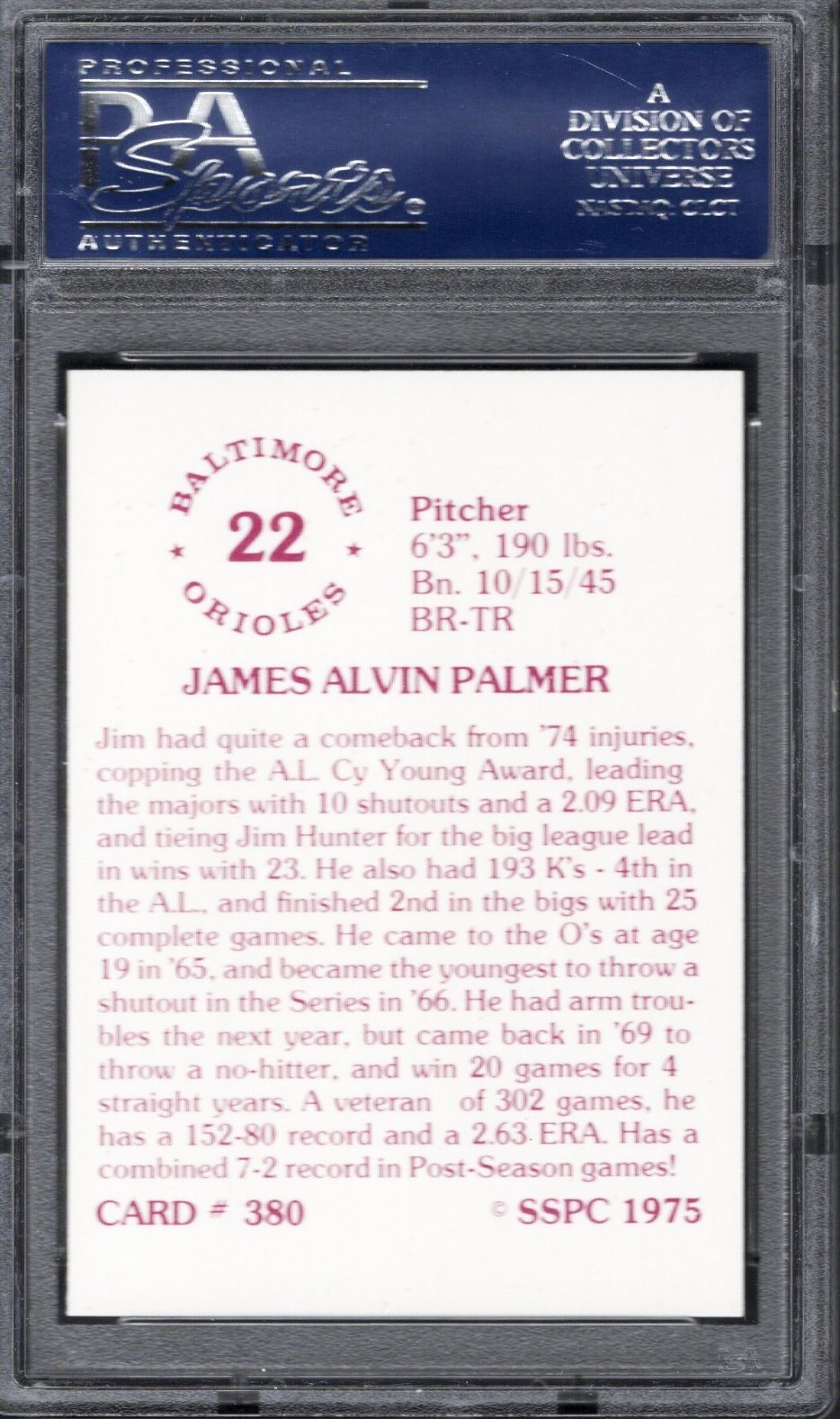 PSA 9 – 1975 SSPC #380 Jim Palmer Baltimore Orioles HOF