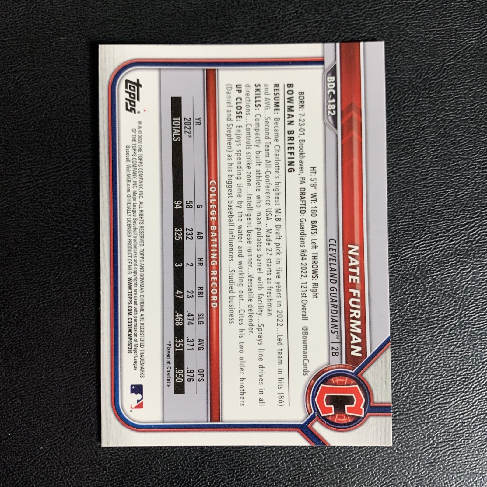 2022 Bowman Draft Nate Furman 1st Bowman Chrome Cleveland Guardians