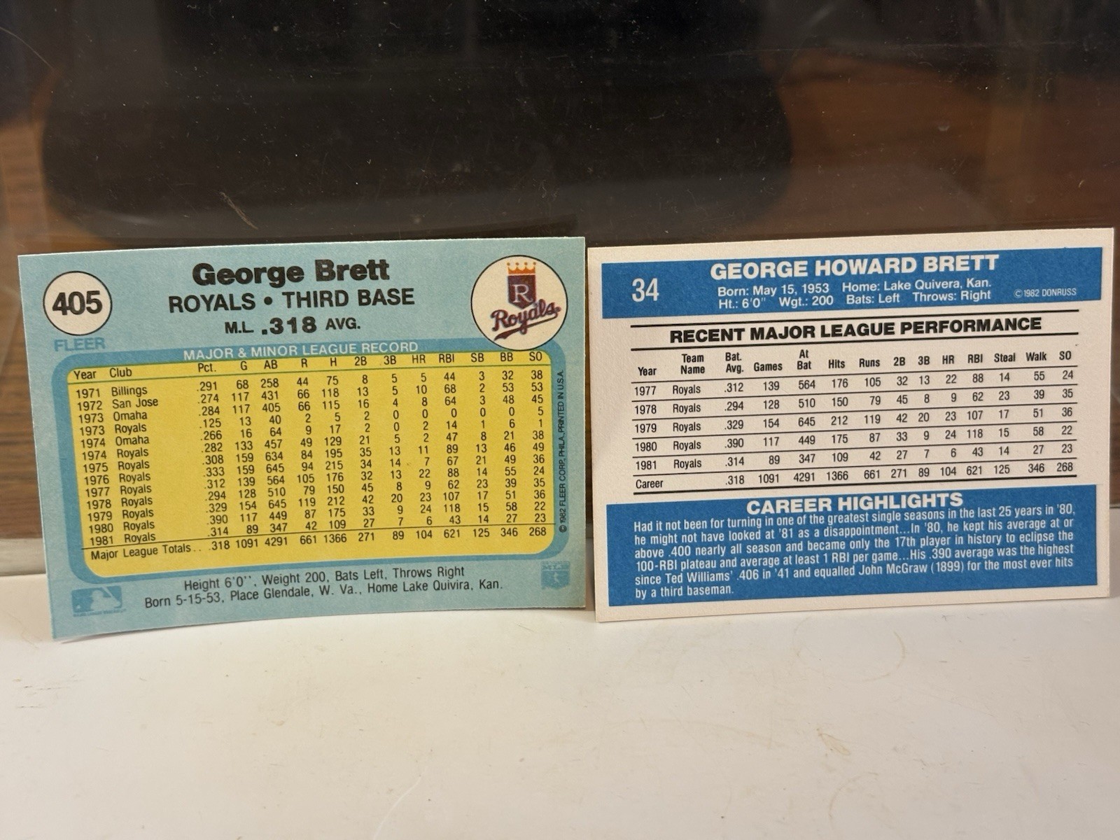 1982 Fleer #405 George Brett+’82 Donruss #34 Cards NM Straight From Pack-Sleeve