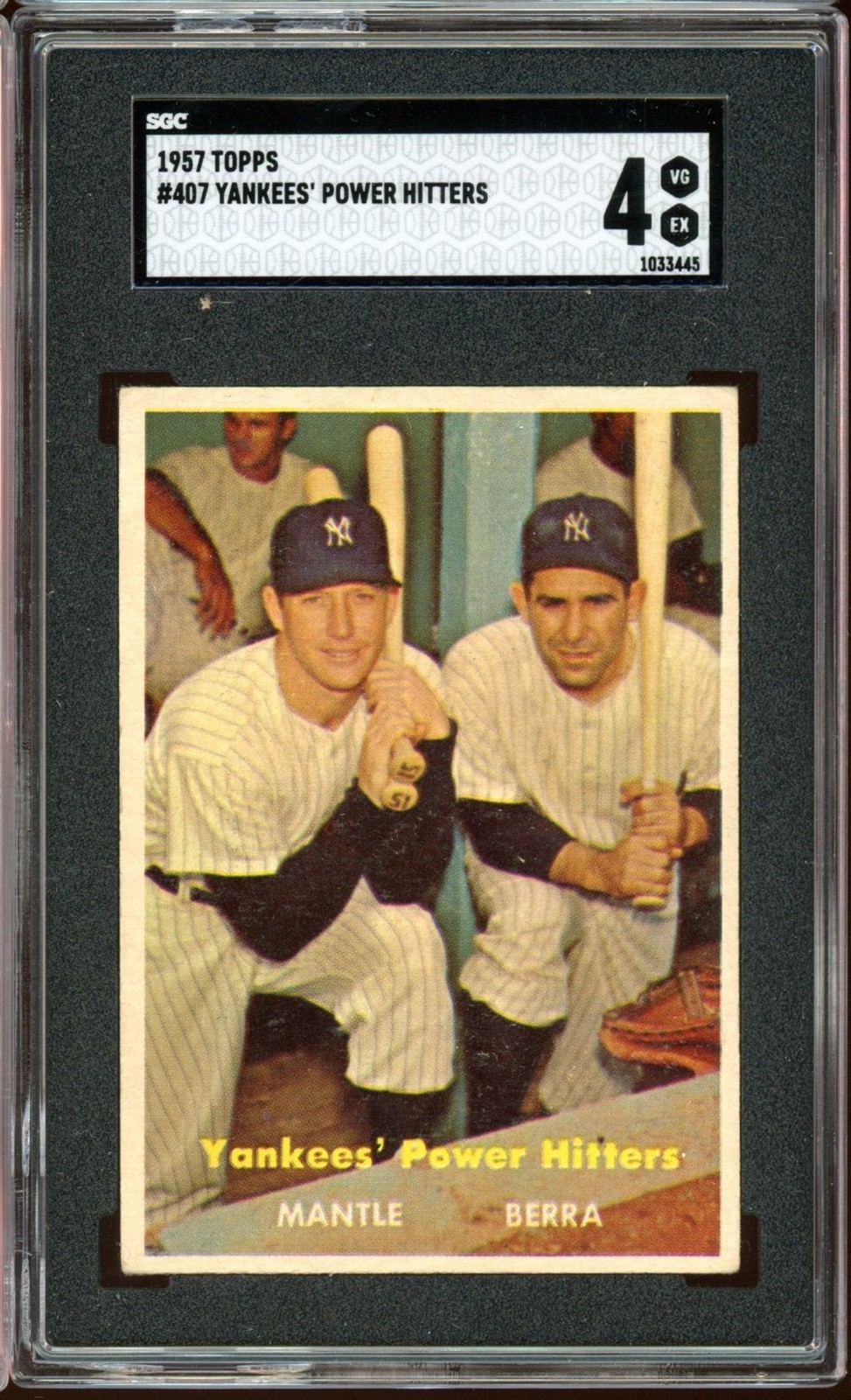 1957 Topps Baseball #407 Yankees’ Power Hitters Mantle Berra SGC 4