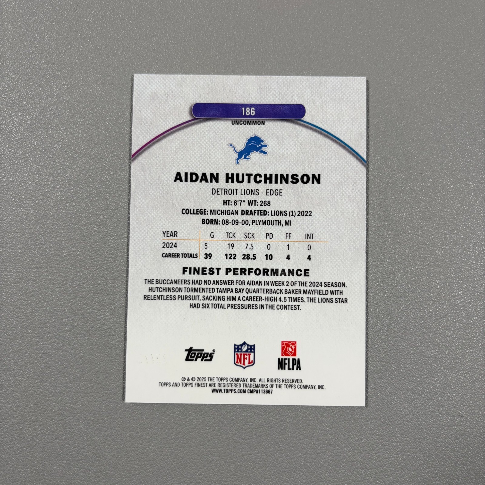 2025 Topps Finest Aidan Hutchinson Blue X-Fractor /75 #186 Lions 55/75