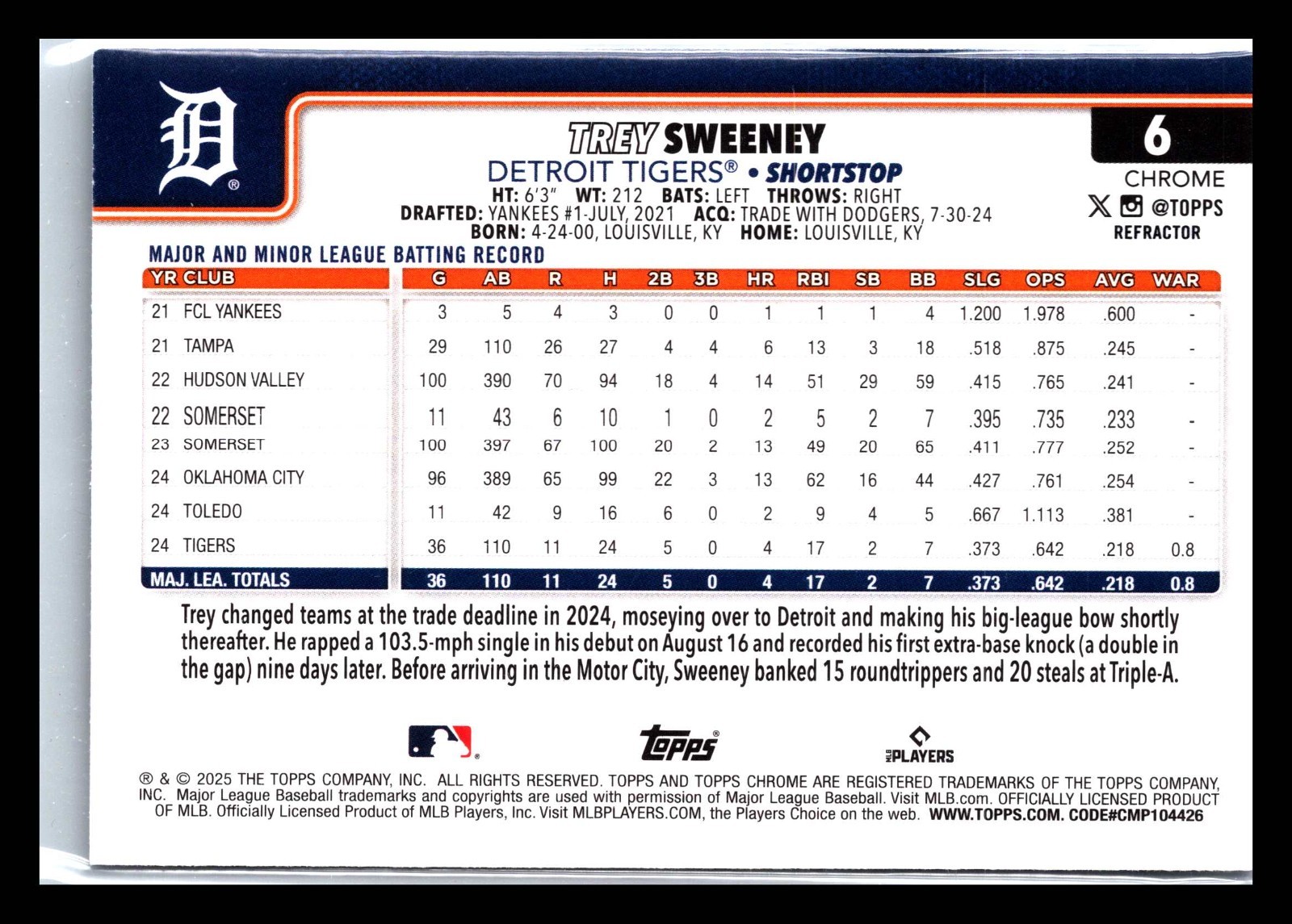 2025 Topps Chrome Trey Sweeney Refractor #6 Detroit Tigers RC Rookie