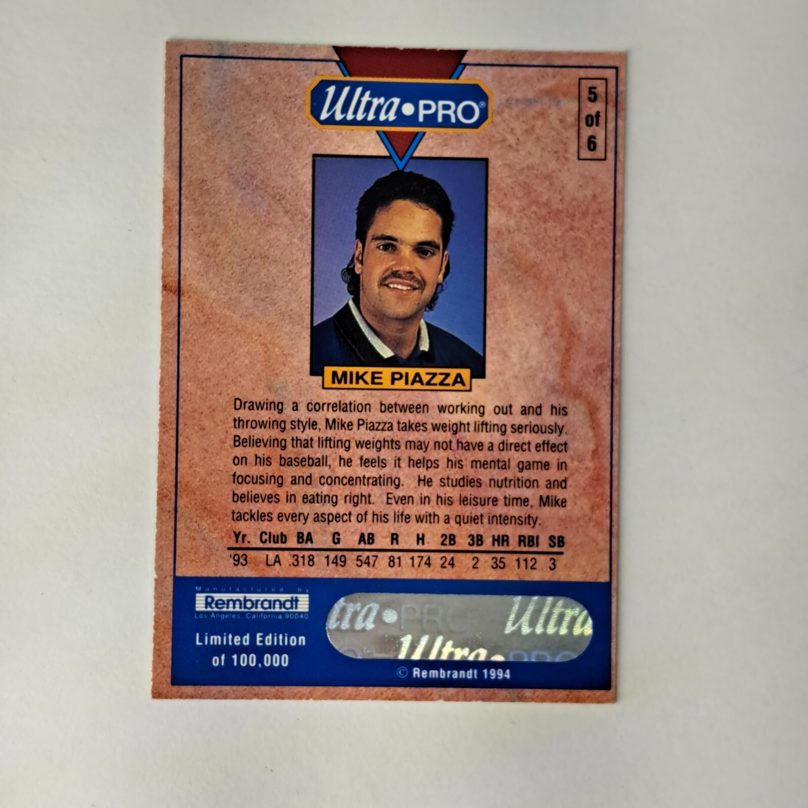 1994 Ultra Pro 1993 Rookie of the Year Insert Mike Piazza 5 Of 6 Limited Edition