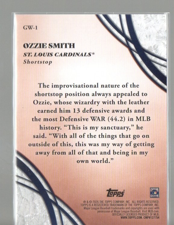 2026 Topps #GW-1 Ozzie Smith Glove Work Pink Foil